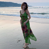 outfit inspo fall INS Fashion Vintage Printed Contrast Color Mesh Stitching Sling Dress Long Dress Summer New